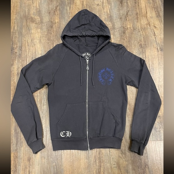 トップス CHROME HEARTS HOODIE NAVY Chrome Hearts Navy & Red Triple Cross Patch Zip Up Hoodie
